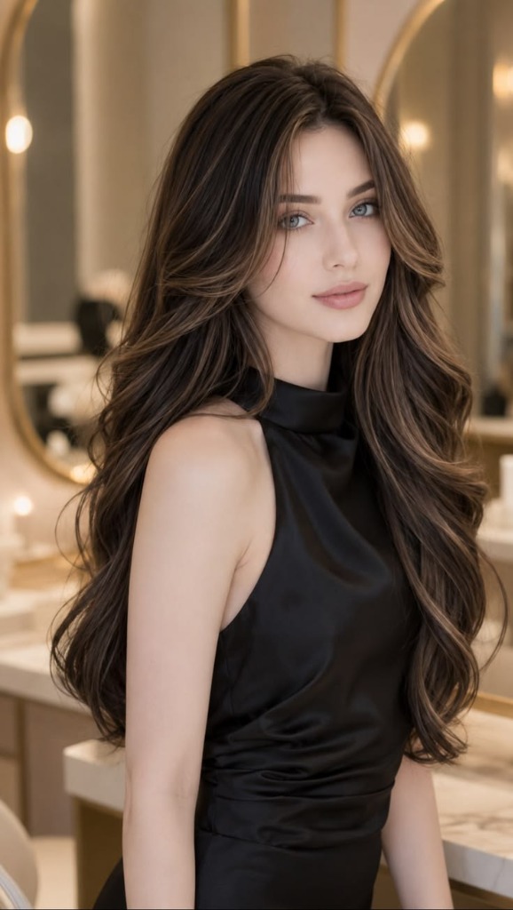 The 90s Butterfly Layer Blowout: Voluminous Brunette Curls, Curtain Bangs & Salon Styling