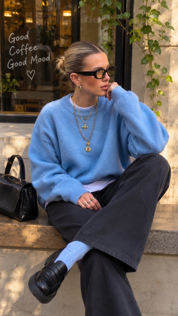 Good Coffee, Good Mood: Pastel Baby Blue Knit Sweater & Chunky Loafers Styling Guide
