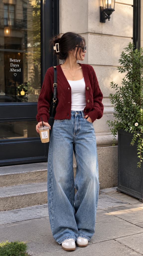 Burgundy Cable-Knit Cardigan & Ultra-Wide Puddle Denim: Parisian Street Style & Claw-Clip Coffee Aesthetic