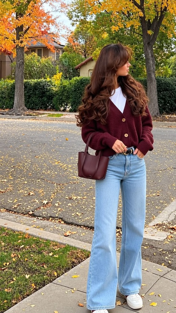 Burgundy Chunky Knit Cardigan & Light-Wash Wide-Leg Jeans: The Quintessential Fall Foliage Walking Aesthetic Guide