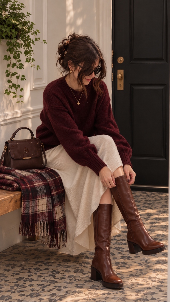 Autumn Romance: Merlot Burgundy Chunky Knit & Cream Maxi Skirt with Knee-High Boots
