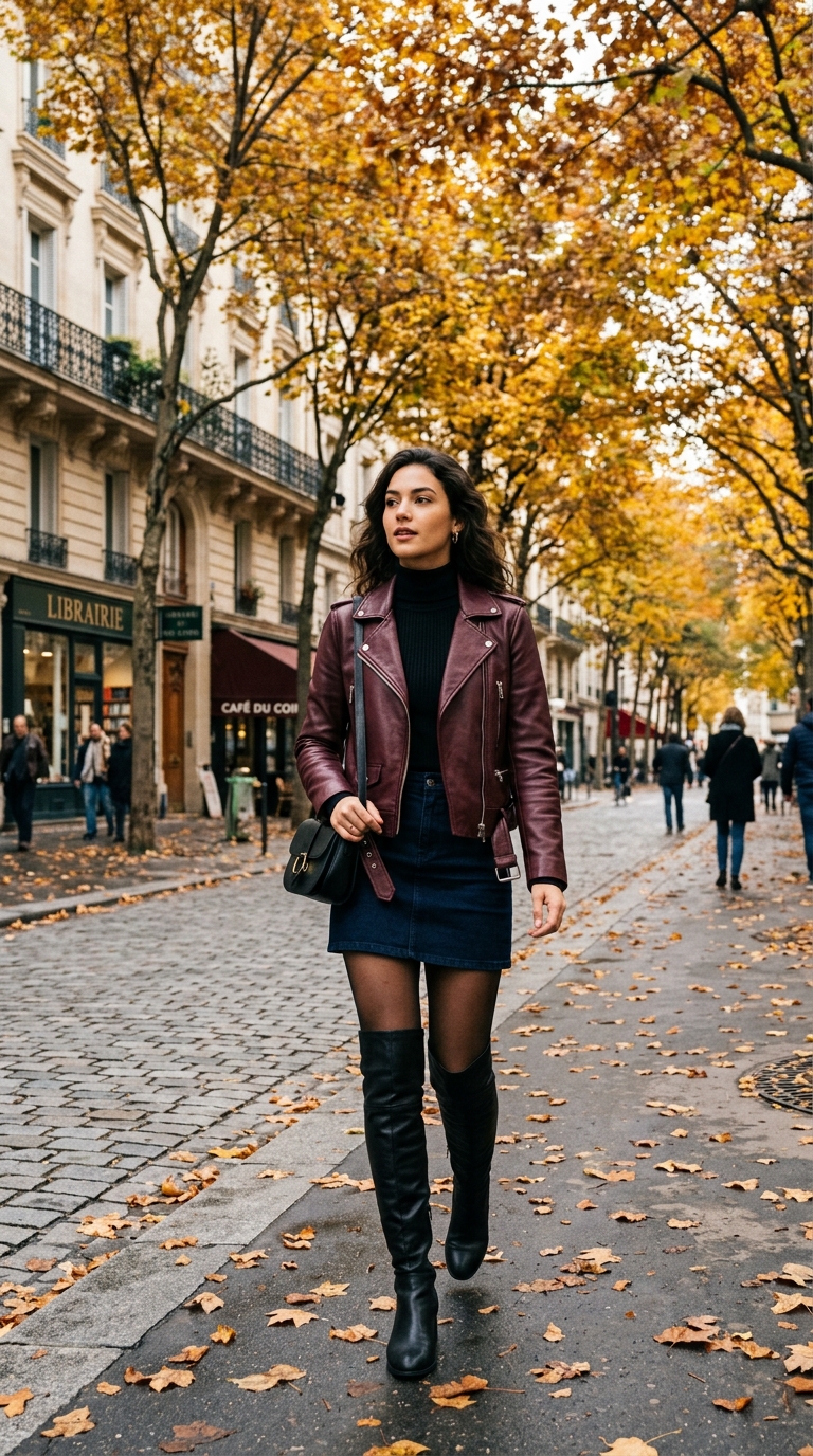 Burgundy Leather Jacket & Denim Mini Skirt: The Ultimate Autumn Street Style Outfit