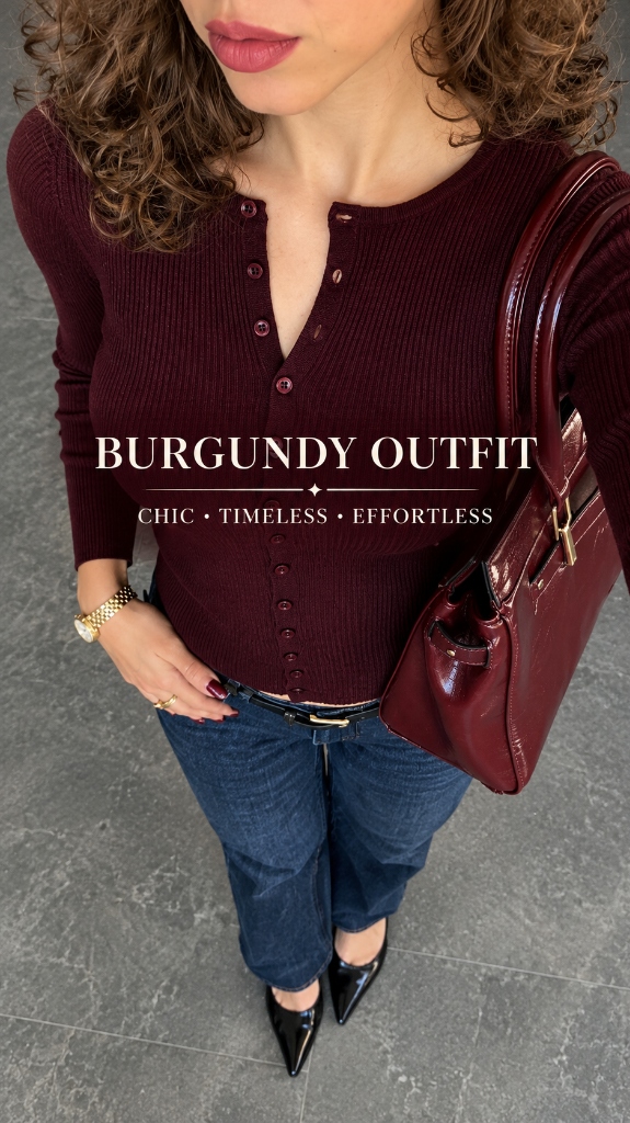 Burgundy Outfit Inspo: Fine-Ribbed Henley Cardigan, Patent Bag & Pointed Heels
