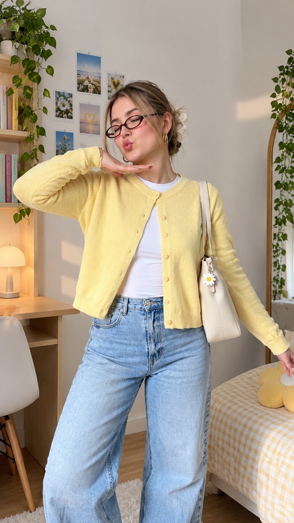 Butter Yellow Cardigan & Wide-Leg Denim: The Viral Pastel Aesthetic & Playful Preppy Styling Guide