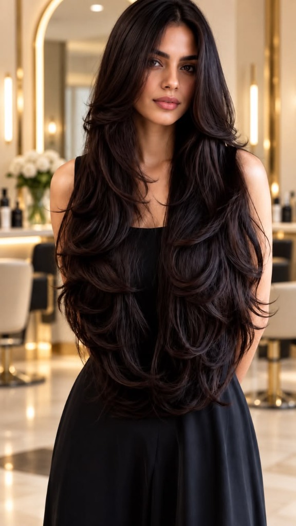 Cascading Butterfly Layers on Long Dark Hair: The Ultimate 90s Bombshell Blowout & Salon Cutting Guide