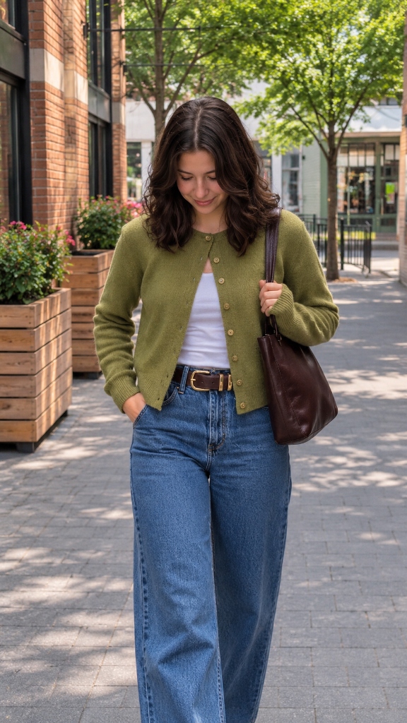 Casual Outfit Inspo: Olive Green Button-Up Cardigan with Wide-Leg Denim