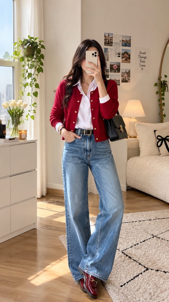 Cherry Red Cardigan & Layered Collared Shirt: The Ultimate Preppy Parisian Chic & Burgundy Loafer Styling