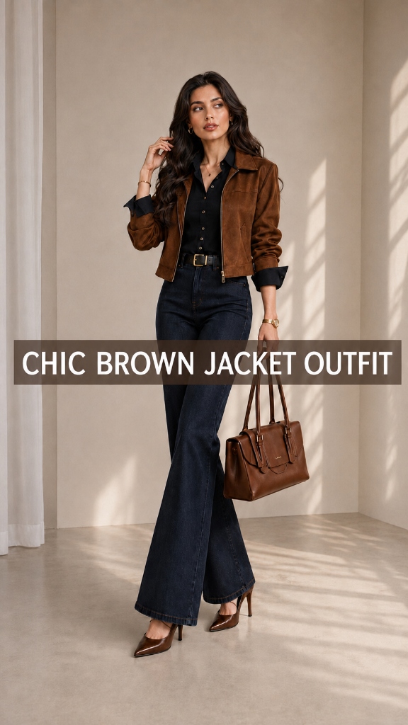 Chic Suede Brown Jacket & Dark Flare Jeans: Autumn Work-to-Dinner Capsule Outfit Guide