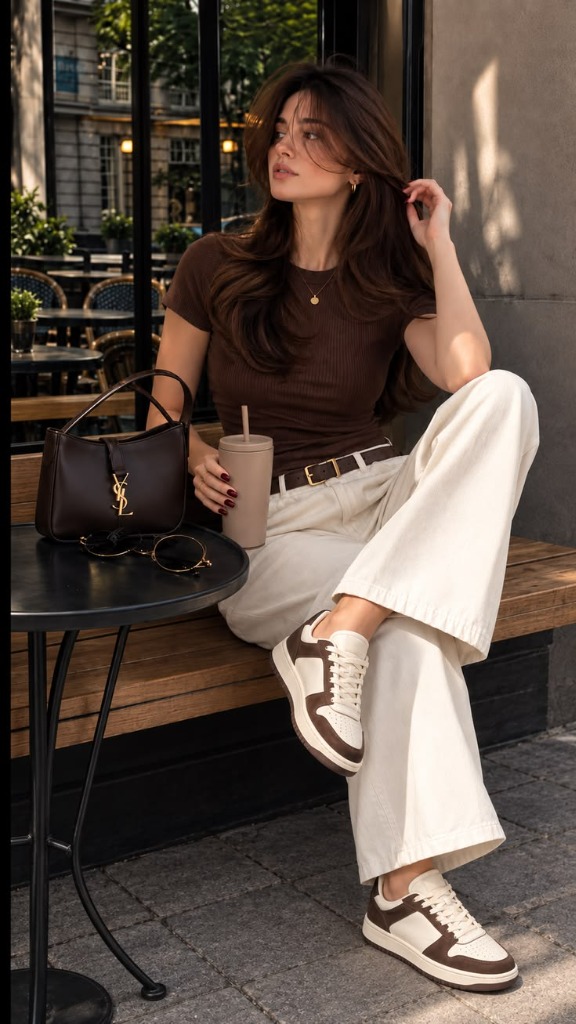 Chocolate Brown Baby Tee & Cream Wide-Leg Trousers: The Parisian Cafe Terrace Aesthetic Guide
