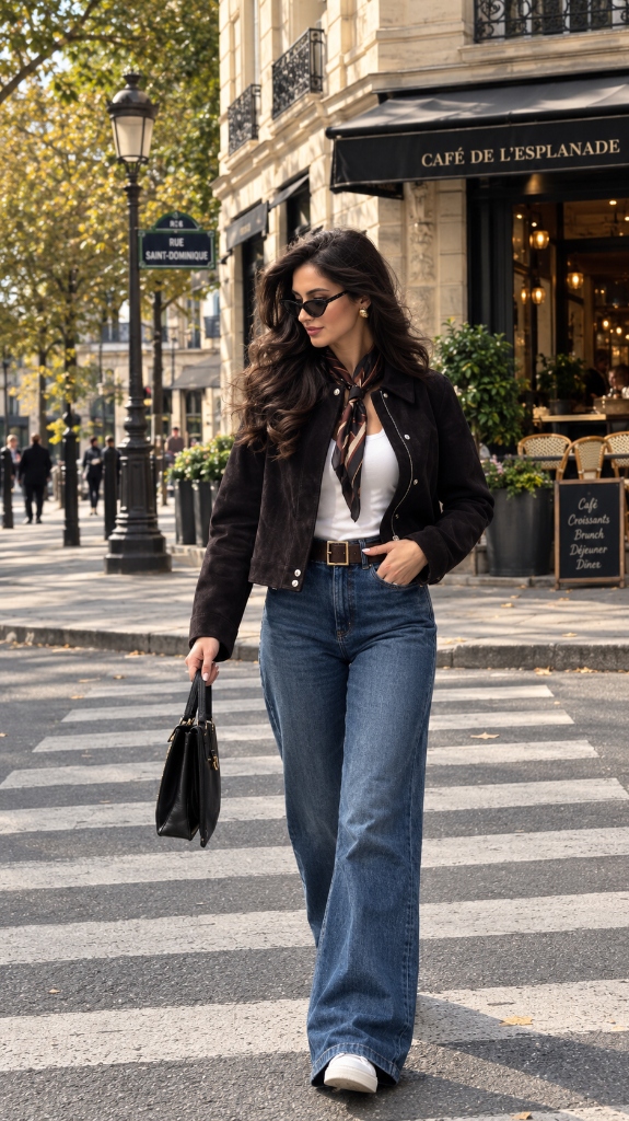 Parisian Chic Street Style: Cropped Chocolate Brown Suede Jacket & Silk Scarf