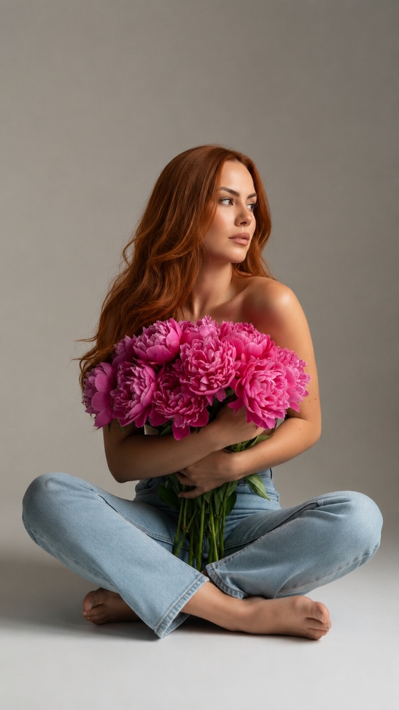 Copper Auburn Hair & Peony Studio Portrait: Warm Glow Makeup & Denim Bloom Aesthetic