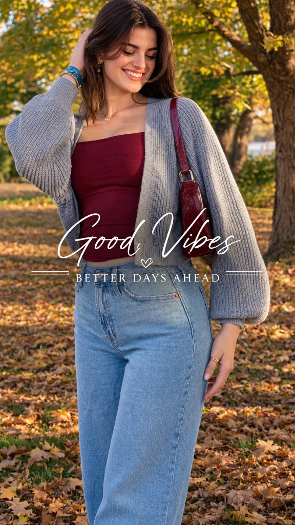 Autumn Good Vibes: Cozy Heather Gray Balloon Cardigan & Burgundy Tube Top