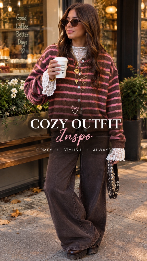 Mocha Striped Cardigan over Sheer Lace Turtleneck: The Cozy Parisian Café Layering Look