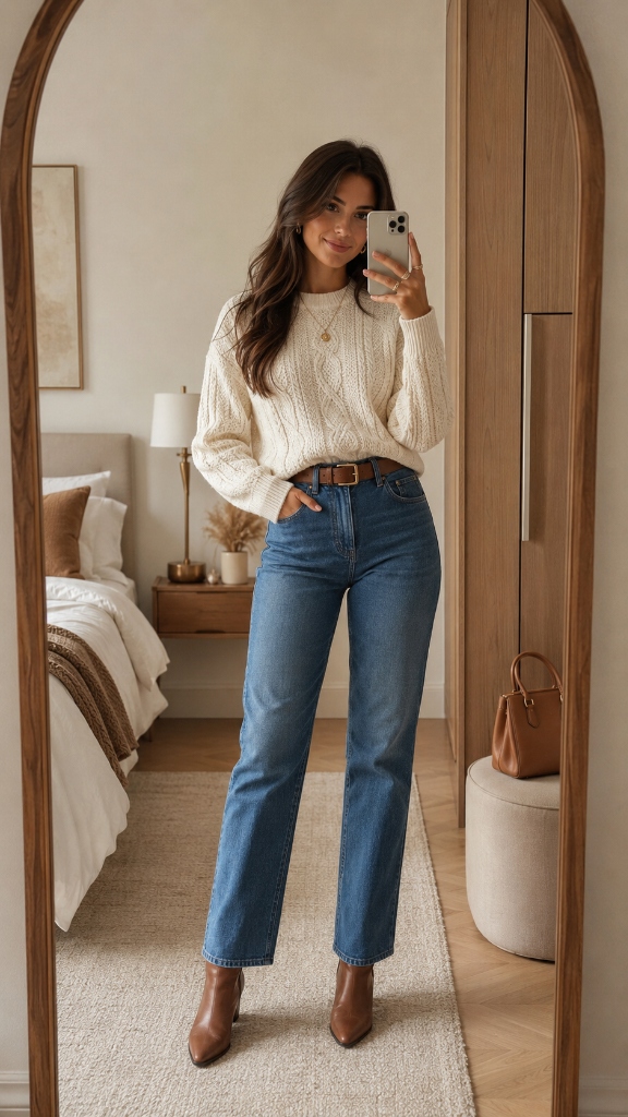 Cream Cable-Knit Sweater & Straight-Leg Jeans: The Ultimate Casual Chic Fall Outfit Guide