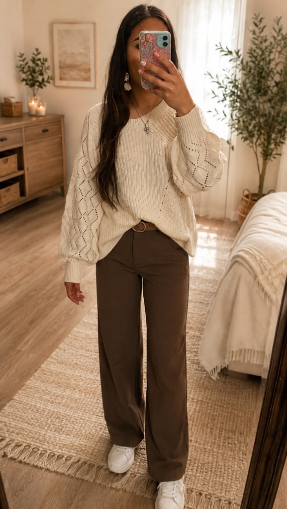 Cream Diamond Crochet Knit Sweater & Chocolate Wide-Leg Trousers: Cozy Neutral Capsule Outfit
