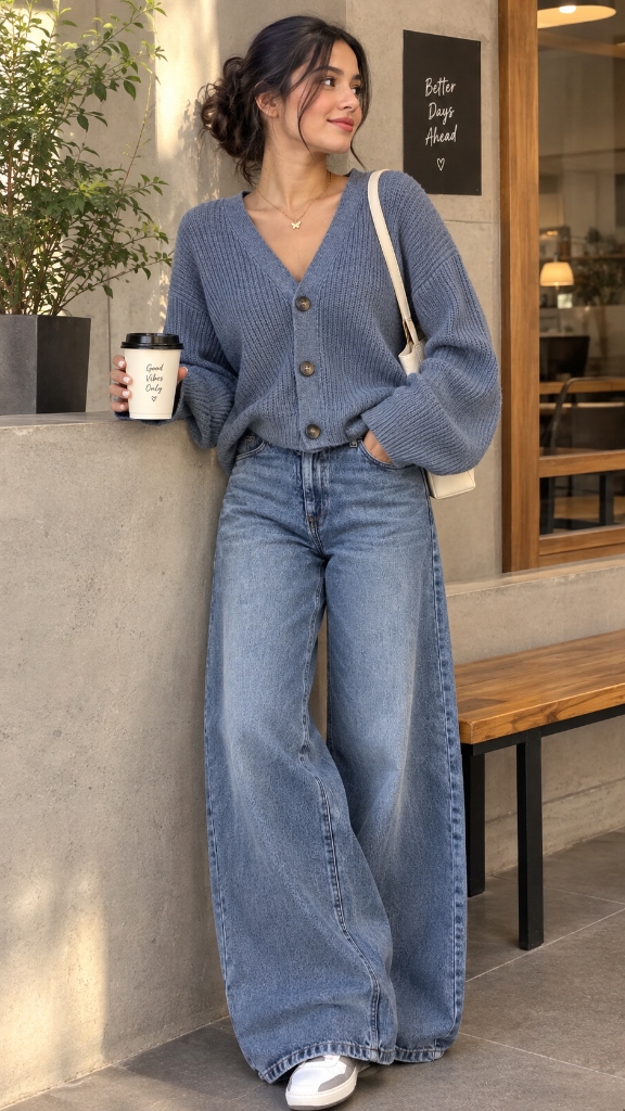 Dusty Slate Blue Ribbed Cardigan & Wide-Leg Denim: Elevated Autumn Street Style & Café Chignon Guide