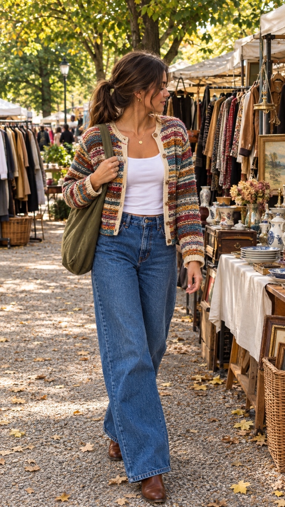 Earth-Tone Striped Crochet Cardigan & High-Rise Wide Denim: The Artisan Flea Market Weekend Look