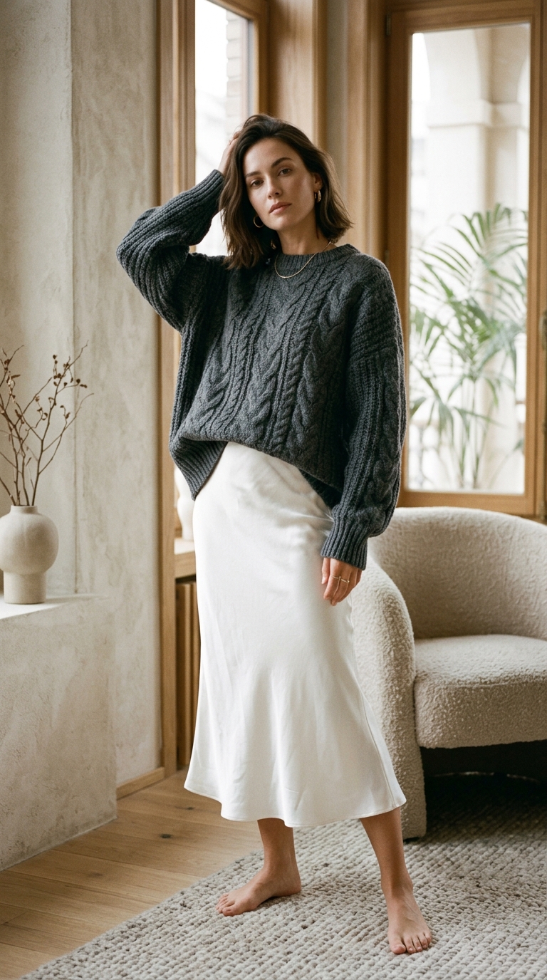 Aesthetic neutral knitwear and silk slip skirt capsule coordination