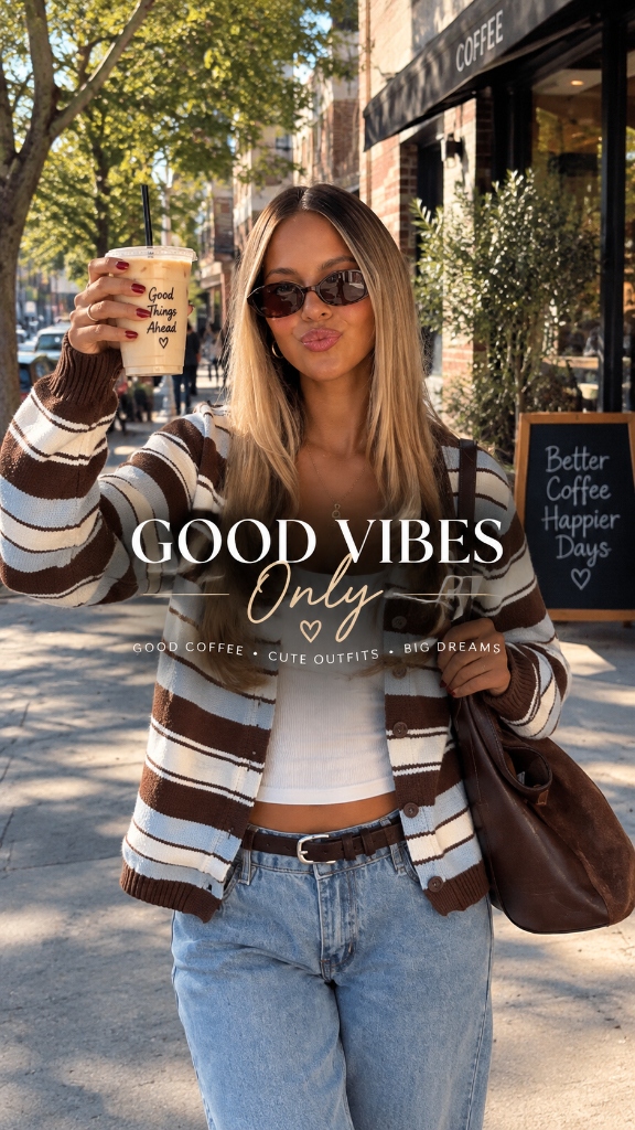 Good Vibes Only: Striped Knit Cardigan & Iced Latte Coffee Run Aesthetic