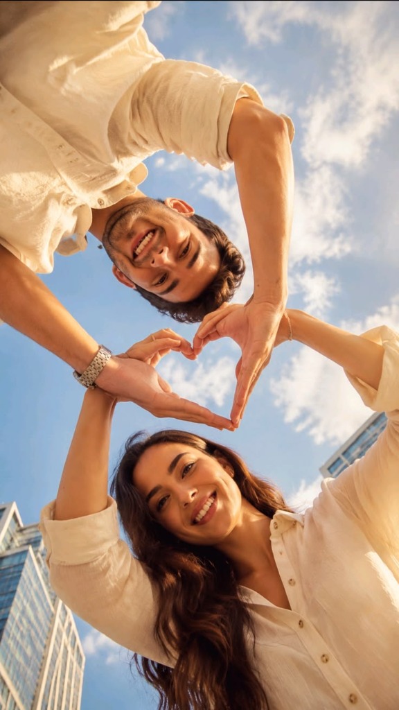 Viral Heart-Hands Sky Couple Pose: Aesthetic Low-Angle Photoshoot Guide & Matching Linen Style