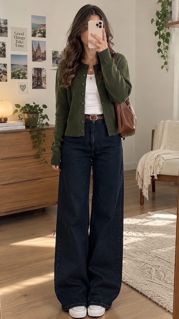 Laid-Back Weekend: Forest Olive Cardigan & Ultra-Baggy Dark Wash Denim