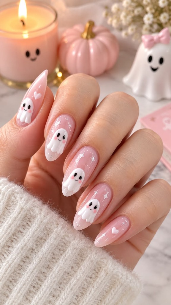 Pastel Pink 3D Ghost Almond Nails: The Viral Kawaii Halloween Manicure Guide with Sparkles & Hearts