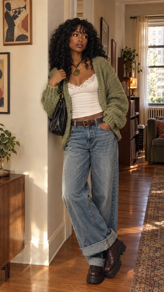 Sage Green Chunky Knit Cardigan & Scalloped Lace Cami: The Soft Vintage Romantic Styling Guide