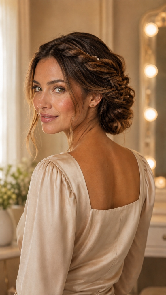 2. Braided Crown & Low Bun 🌿 (Romantic Wedding Guest Updo)